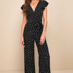 LULUS Fine Print Black and White Print Backless Jumpsuit - size Medium